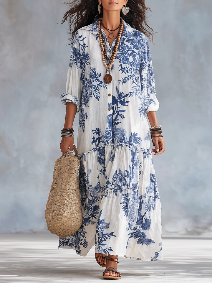 DAHLIA | Bohemian Blue Floral Button-Down Tiered Maxi Dress