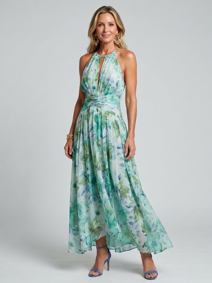 PORTIA | Pleated Halter Soft Floral Pattern Maxi Dress