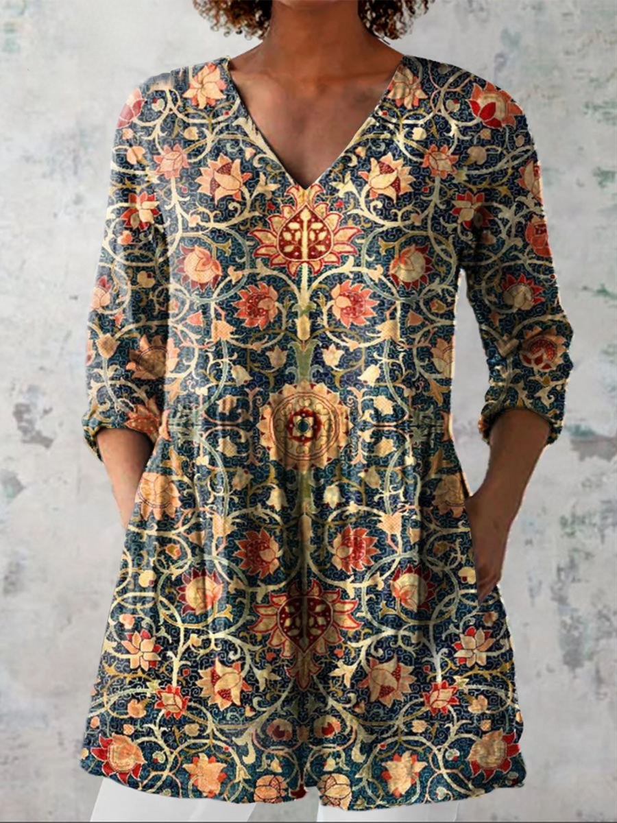 Elara | Chemise Col V Longue Vintage