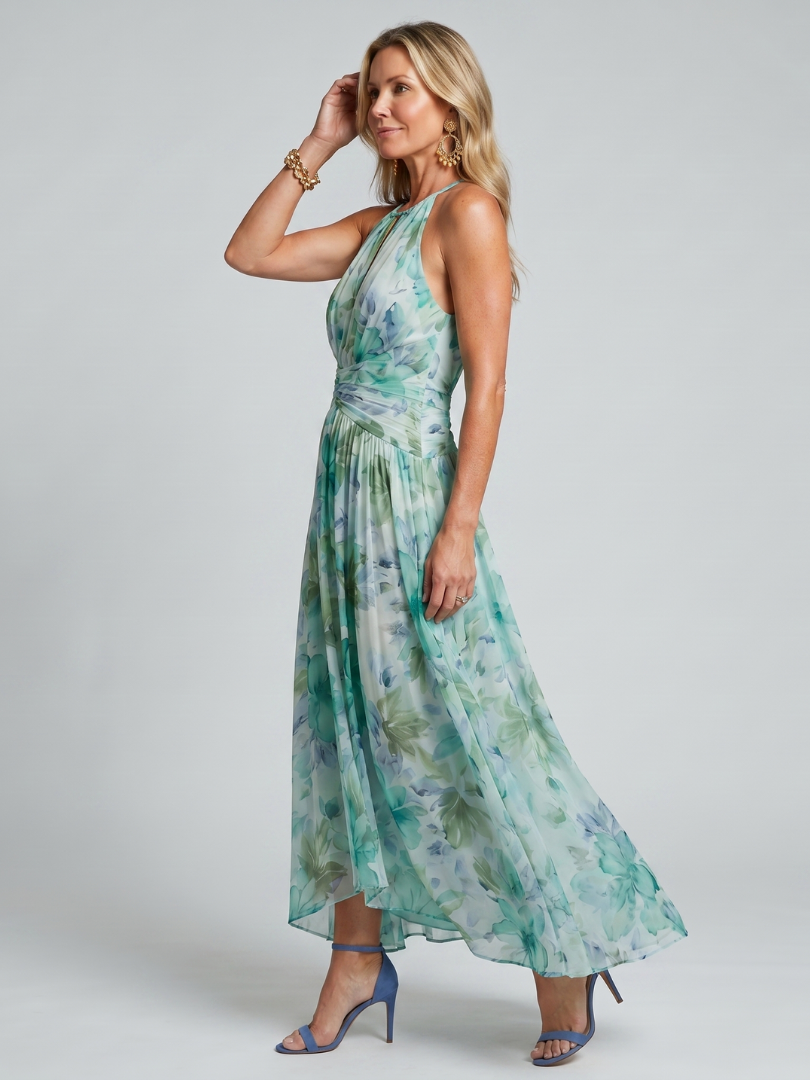 PORTIA | Pleated Halter Soft Floral Pattern Maxi Dress