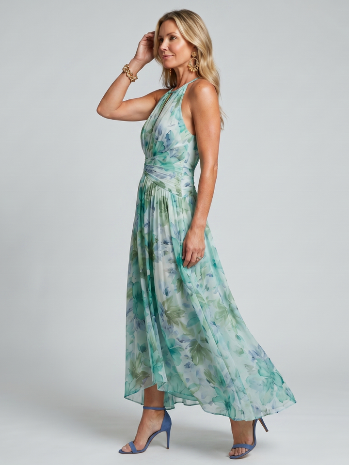PORTIA | Pleated Halter Soft Floral Pattern Maxi Dress