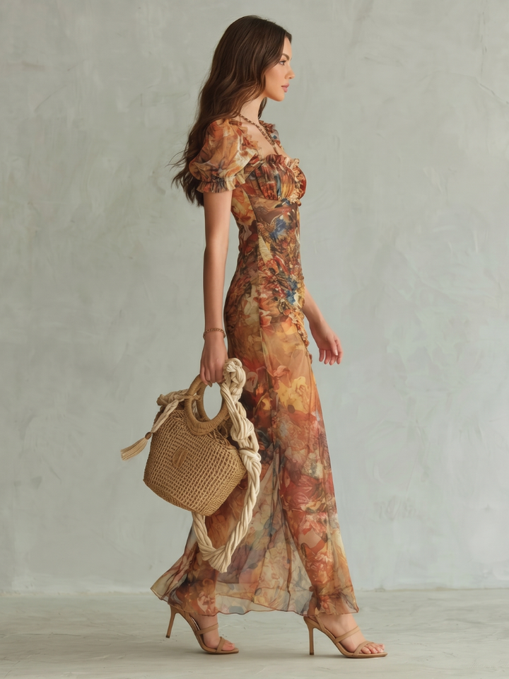 CIEL | Ruffled Sleeve Ruched Slit Midi Dress