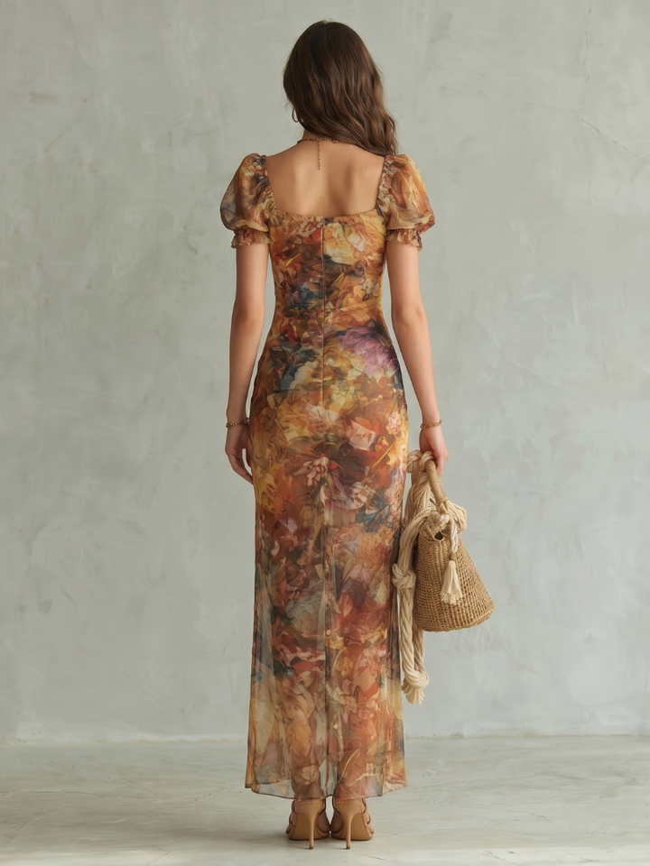 CIEL | Ruffled Sleeve Ruched Slit Midi Dress