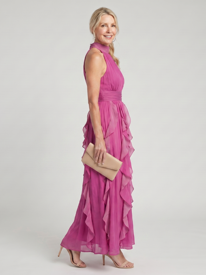 OREA | High Neck Gathered Ruffle Layers Maxi Dress