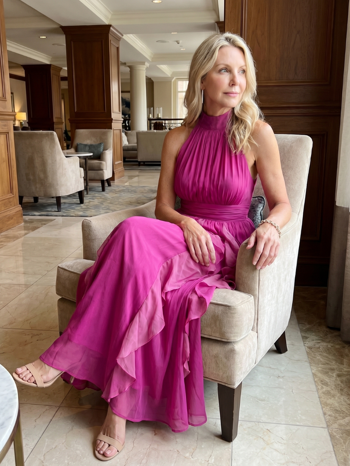 OREA | High Neck Gathered Ruffle Layers Maxi Dress