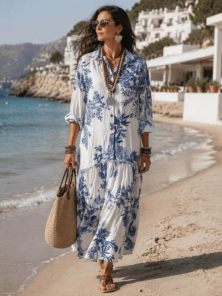 DAHLIA | Bohemian Blue Floral Button-Down Tiered Maxi Dress