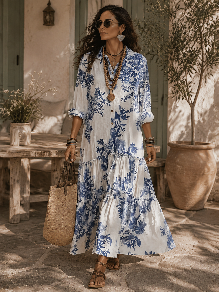 DAHLIA | Bohemian Blue Floral Button-Down Tiered Maxi Dress