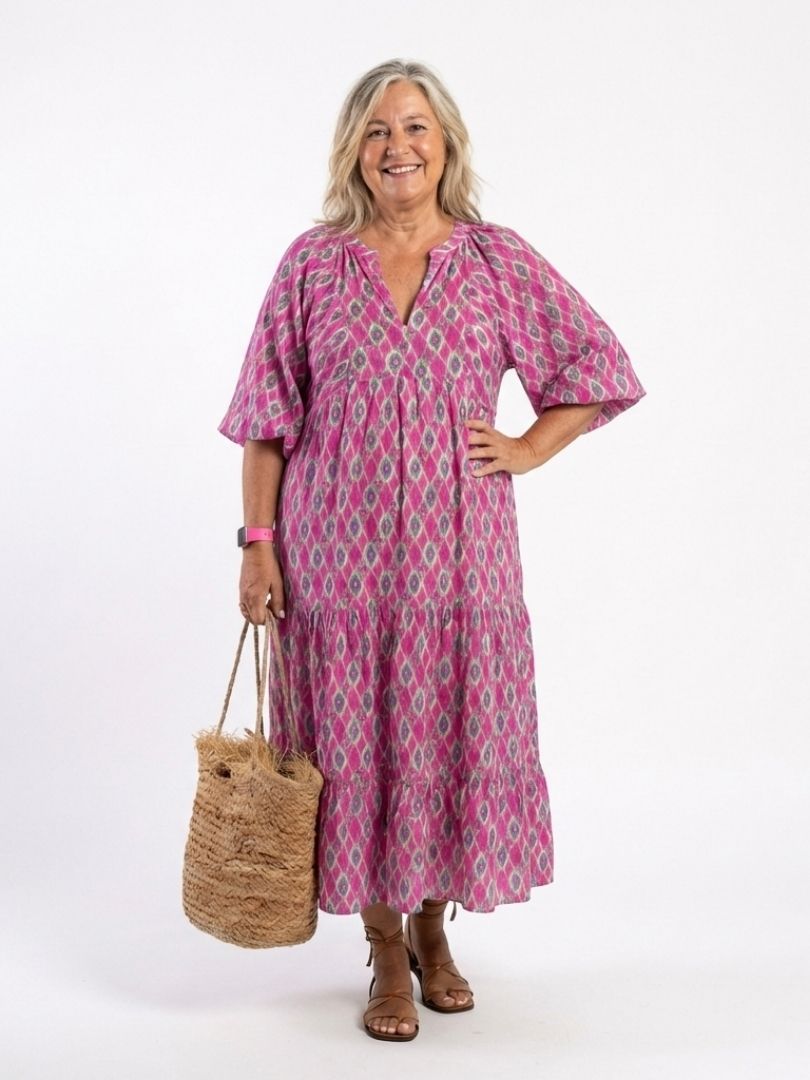 APOLLINE | Three Quarter Sleeve V Neck Patterned Midi Dress