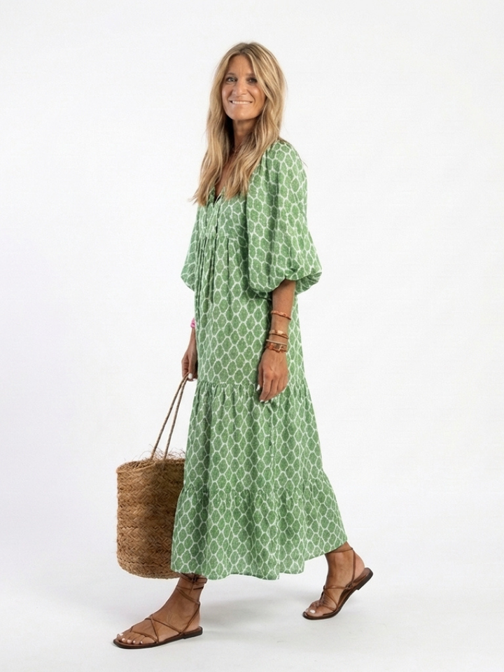 APOLLINE | Three Quarter Sleeve V Neck Patterned Midi Dress