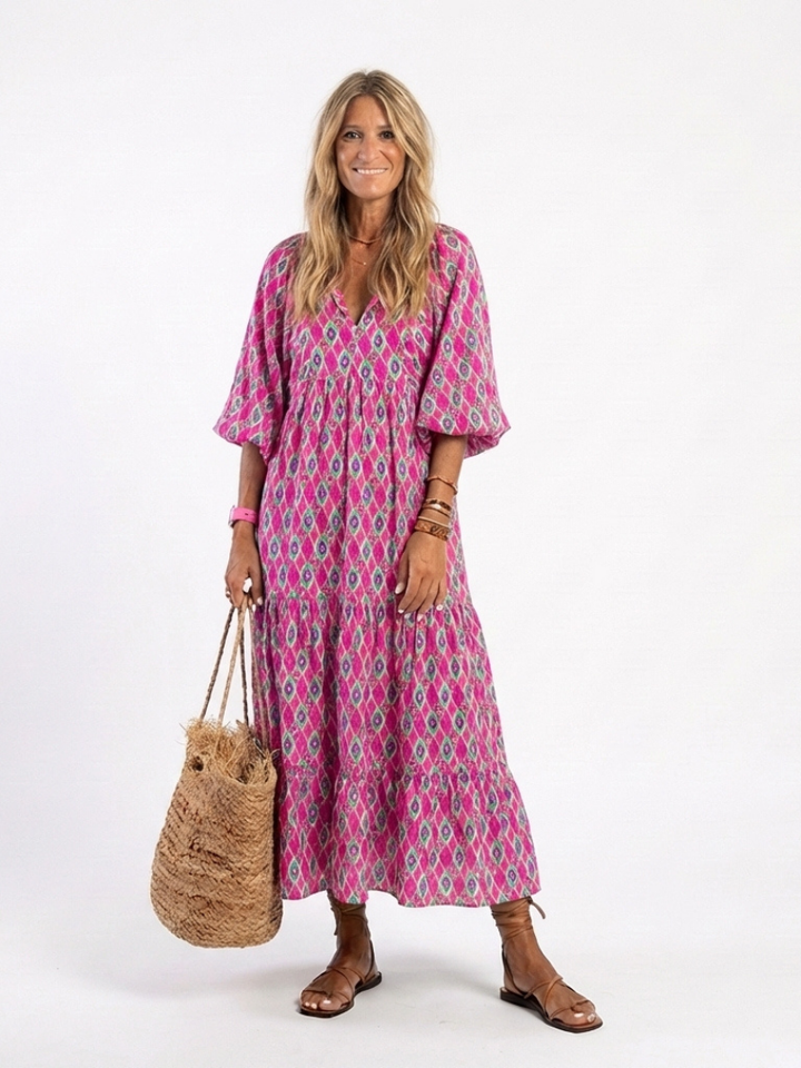 APOLLINE | Three Quarter Sleeve V Neck Patterned Midi Dress