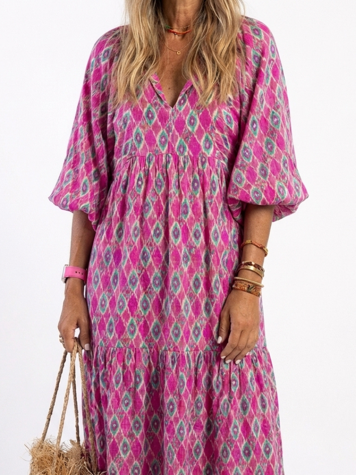 APOLLINE | Three Quarter Sleeve V Neck Patterned Midi Dress