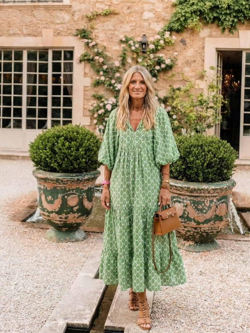 APOLLINE | Three Quarter Sleeve V Neck Patterned Midi Dress