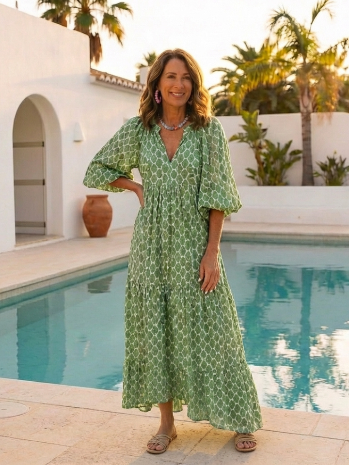 APOLLINE | Three Quarter Sleeve V Neck Patterned Midi Dress