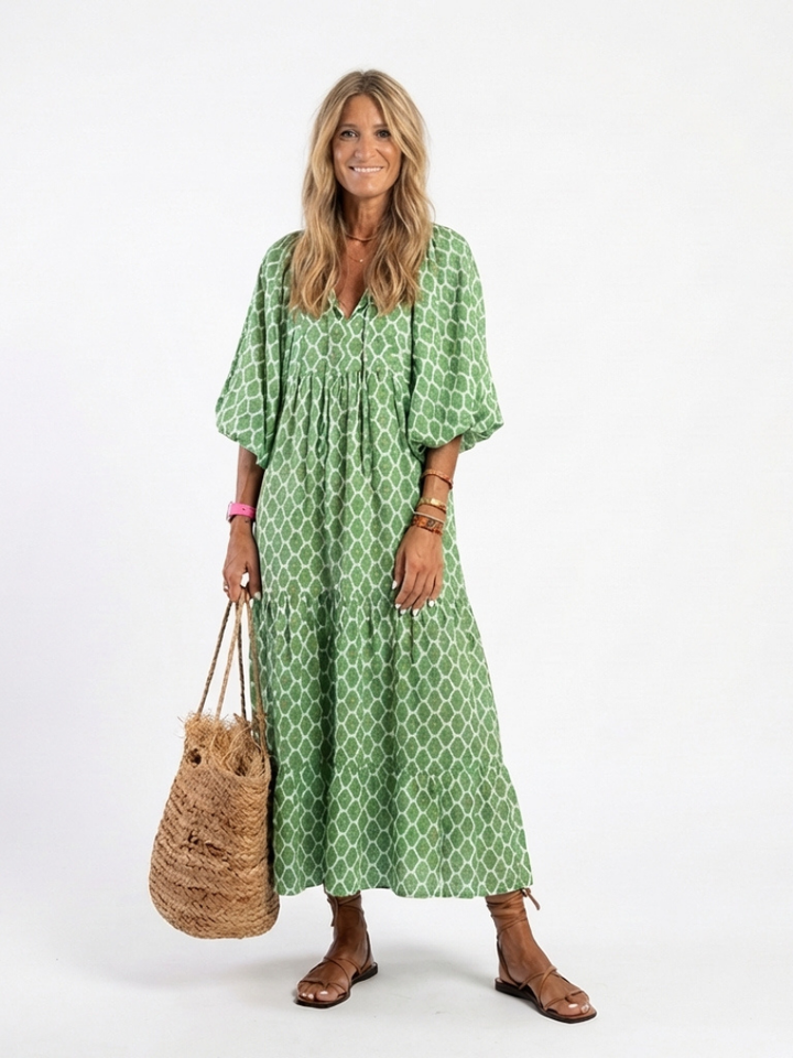APOLLINE | Three Quarter Sleeve V Neck Patterned Midi Dress