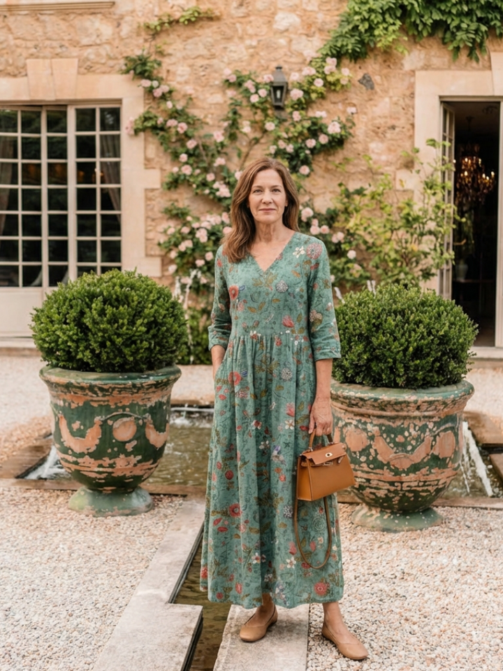MARINA | Floral V Neck Three Quarter Sleeve Maxi Dress