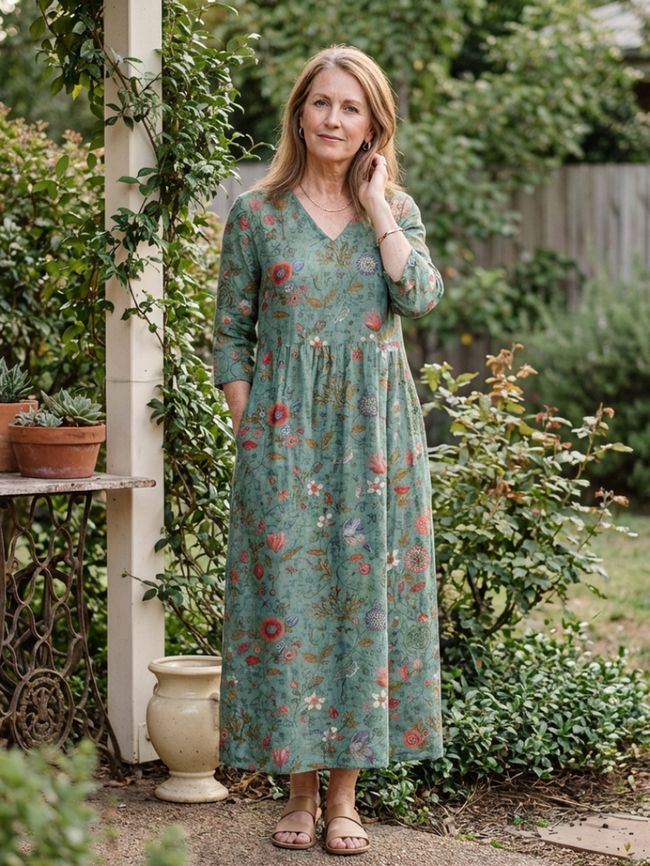 MARINA | Floral V Neck Three Quarter Sleeve Maxi Dress