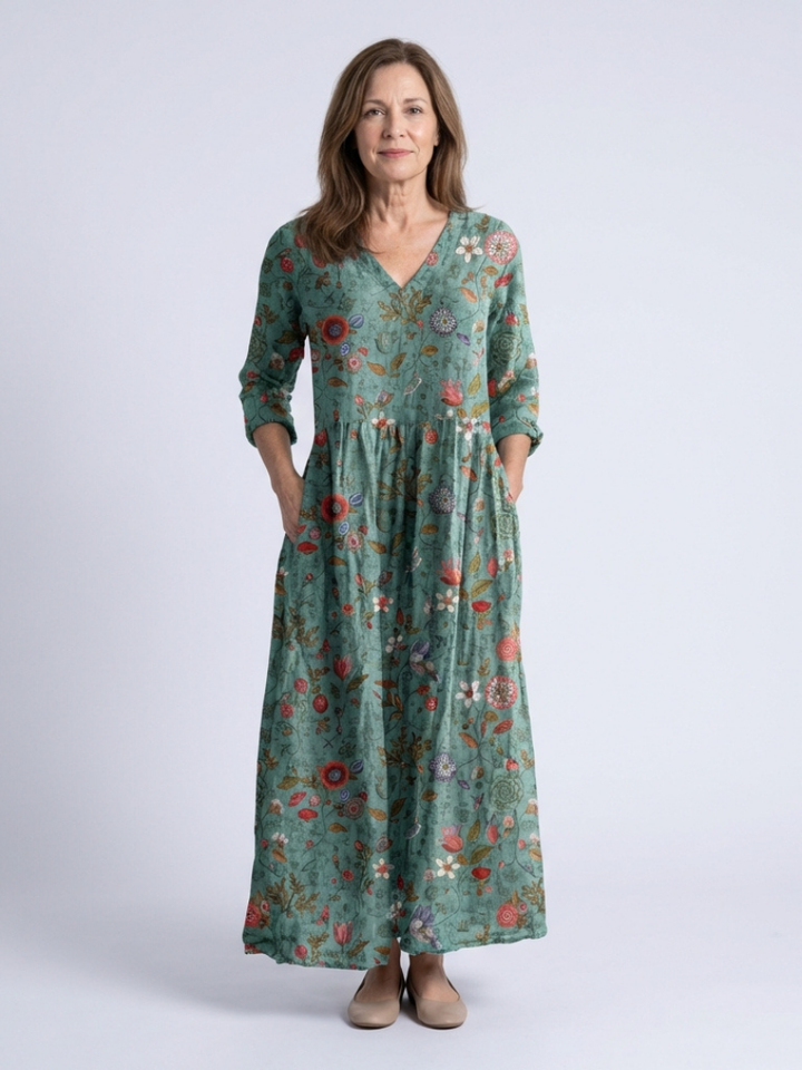 MARINA | Floral V Neck Three Quarter Sleeve Maxi Dress