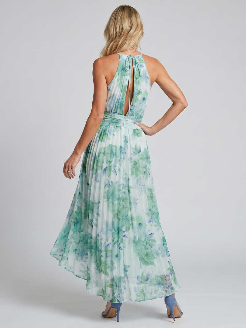 PORTIA | Pleated Halter Soft Floral Pattern Maxi Dress