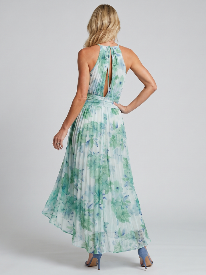 PORTIA | Pleated Halter Soft Floral Pattern Maxi Dress