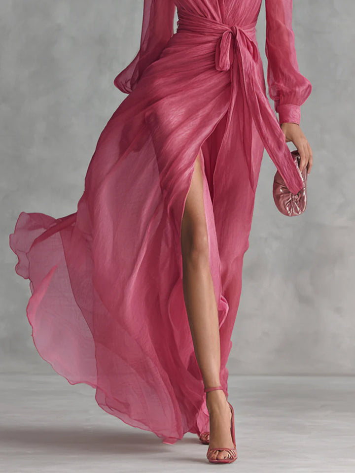 BEATRICE | Elegant Chiffon V-neck Tie-waist Long Dress