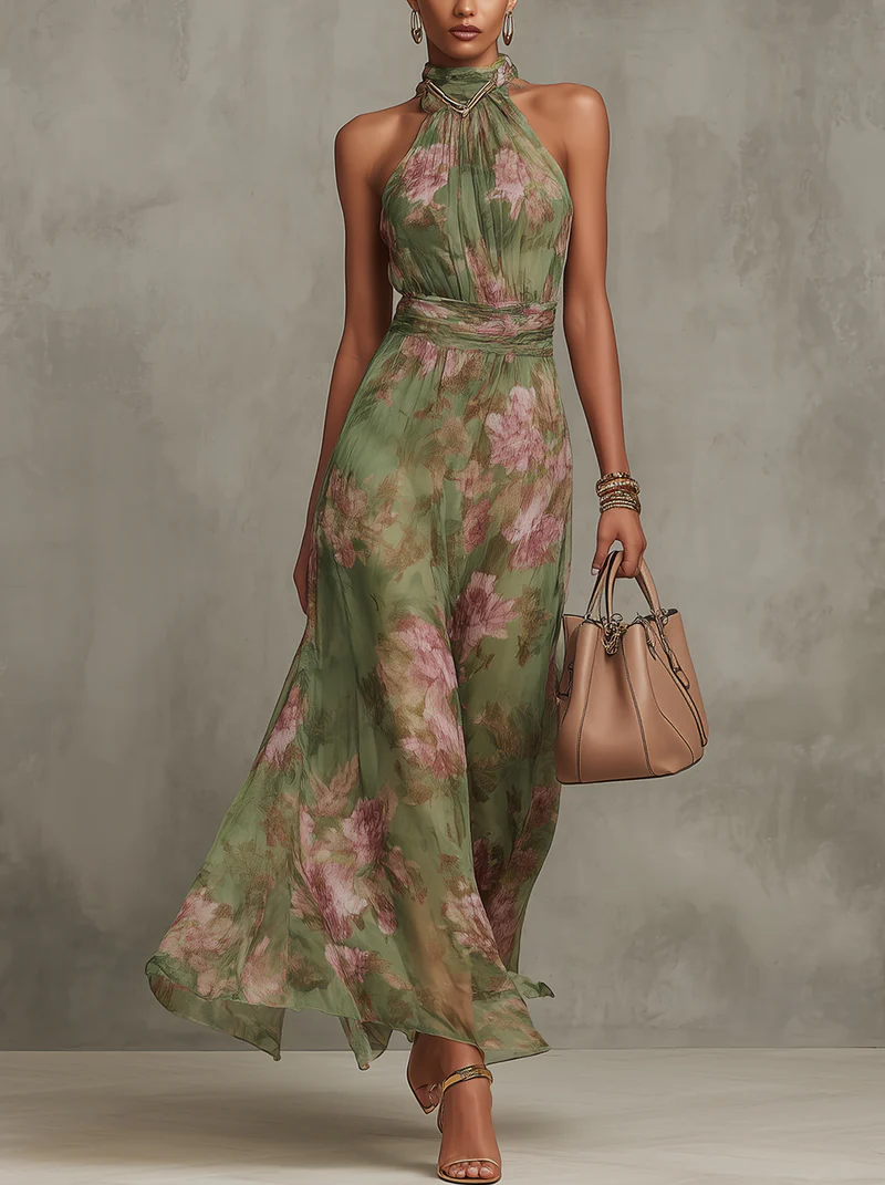 Serena | Robe Longue Fleurie à Encolure Licou