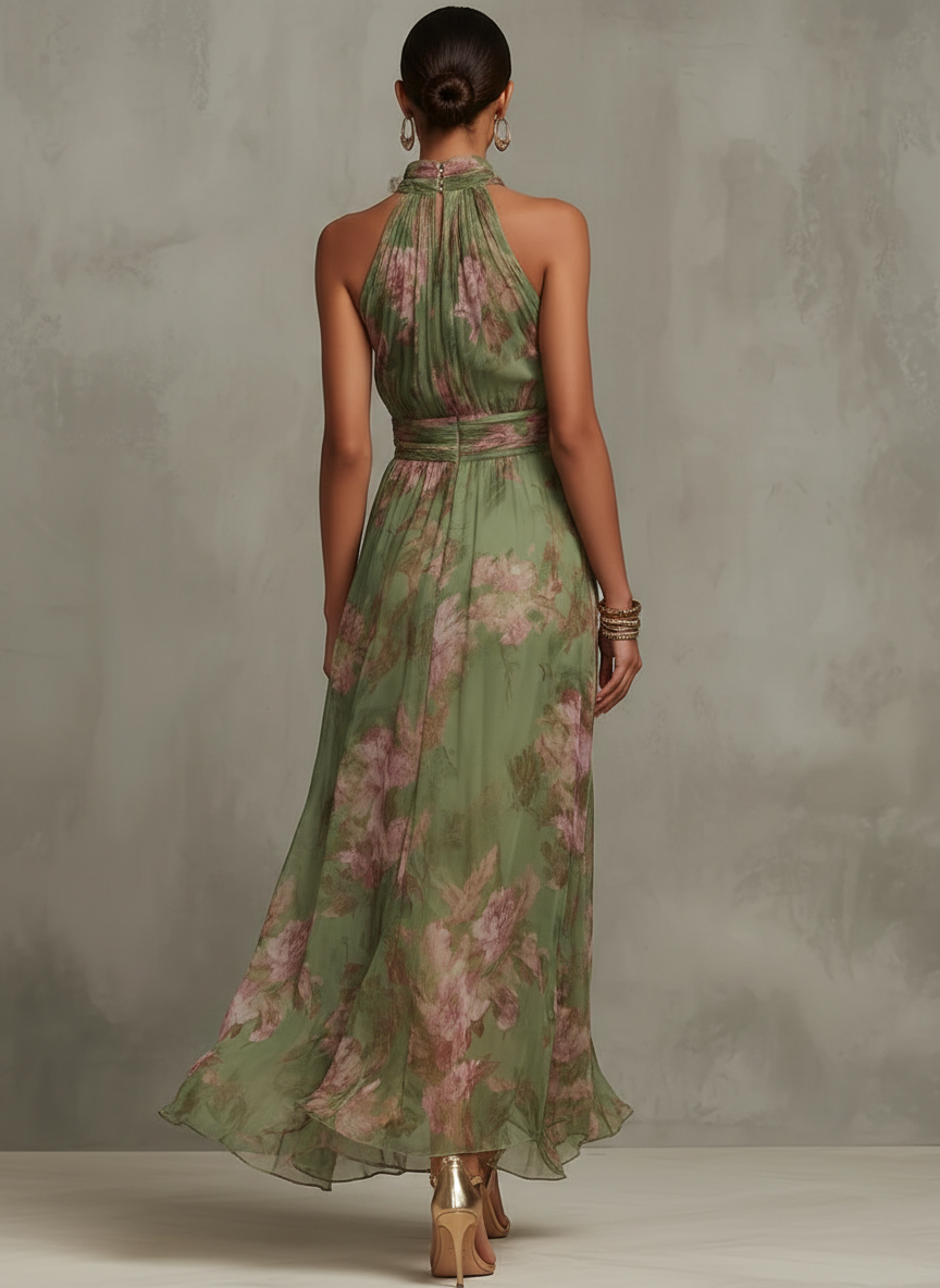Serena | Robe Longue Fleurie à Encolure Licou