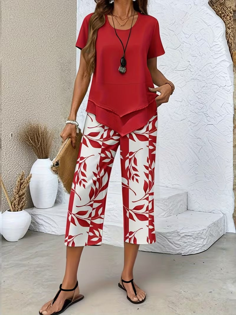 ARVESSA | Casual Leaf Print Two Piece Set
